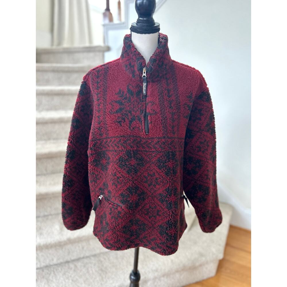 Woolrich Icelandic Fair Isle Burgundy Red Black Print Fuzzy Fleece Quarter Zip